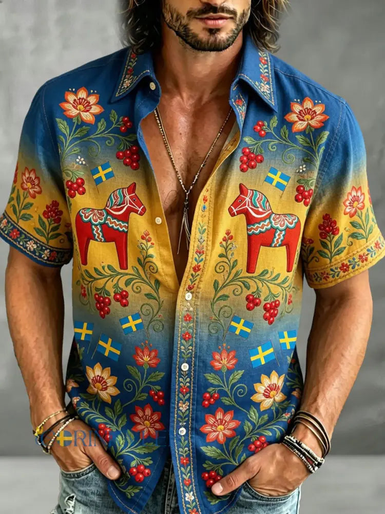 Herrretro svensk dalahäst blommig broderi konsttryck ledig skjorta T-shirt - A / S