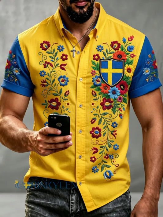 Herrretro svensk dalahäst blommig broderi konsttryck ledig skjorta T-shirt - A / S