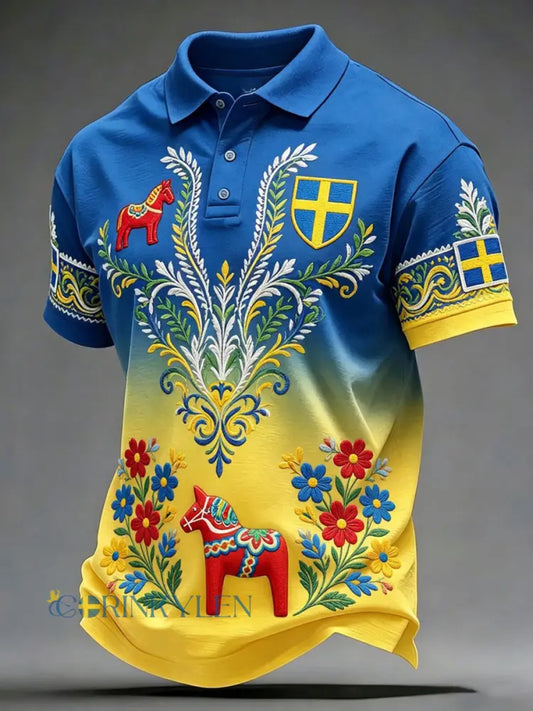 Herrretro svensk dalahäst blommig brodyr konsttryck avslappnad polotröja - A / S