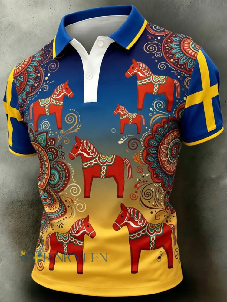 Herrretro svensk dalahäst blommig brodyr konsttryck avslappnad polotröja - A / S
