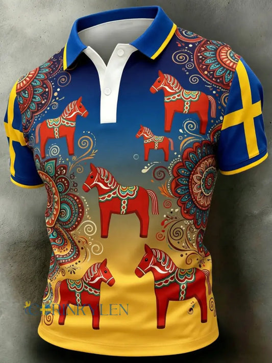 Herrretro svensk dalahäst blommig brodyr konsttryck avslappnad polotröja - A / S