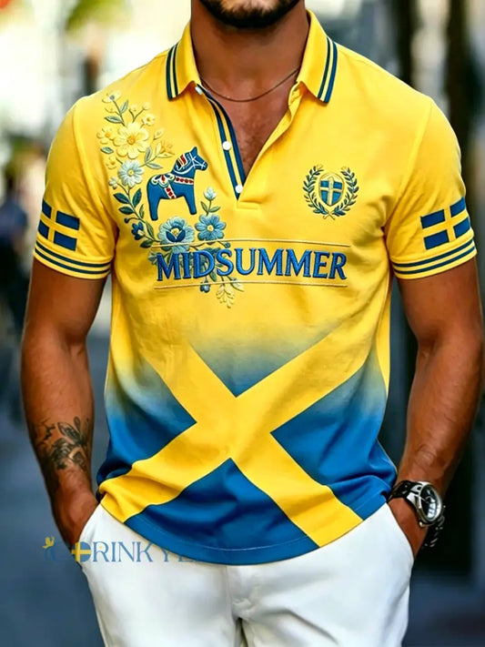 Herrretro svensk midsommarblommig casual polotröja - flerlog / S