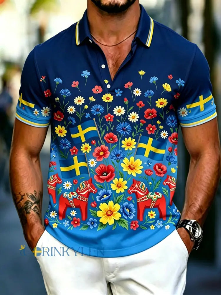 Herrretro svensk midsommarblommig karusell avslappnad polotröja - flerlog / S