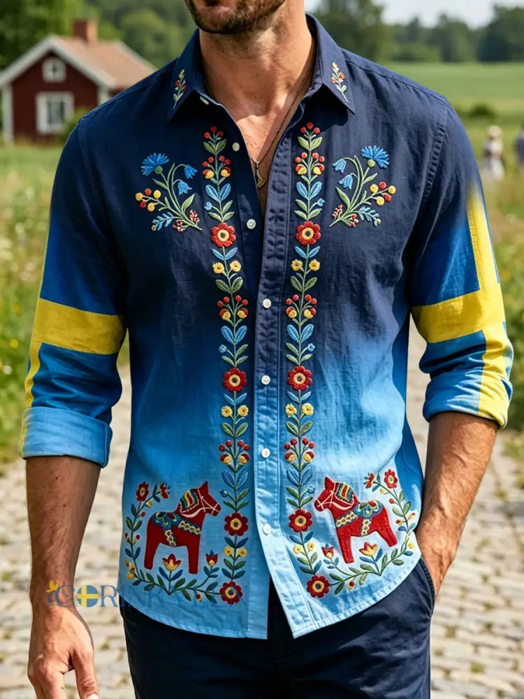 Herrretro svensk midsommarblommig karusellavslappnad skjorta - flerlog / S