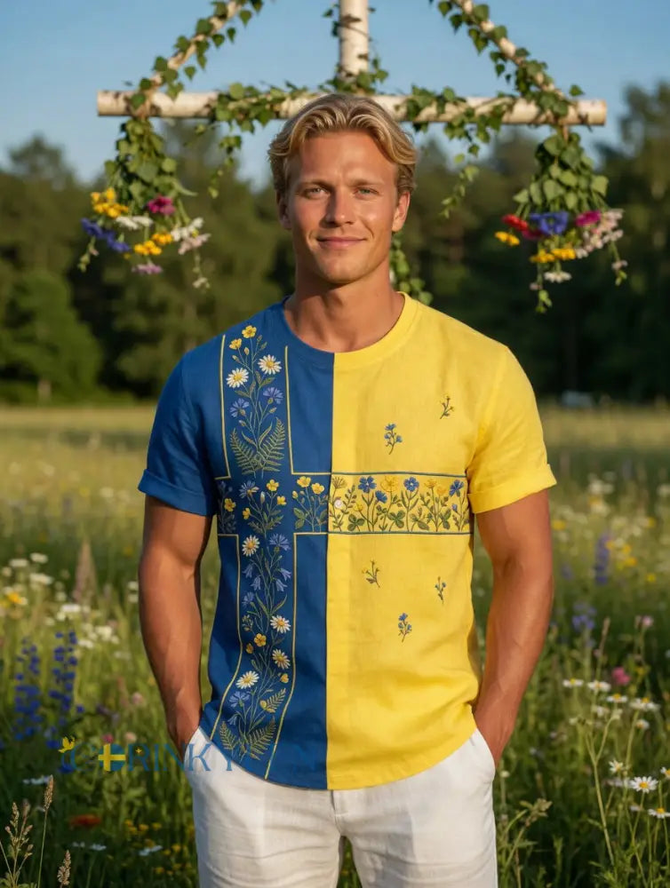 Herrretro svensk midsommarfolkal blommig kortärmad t-shirt