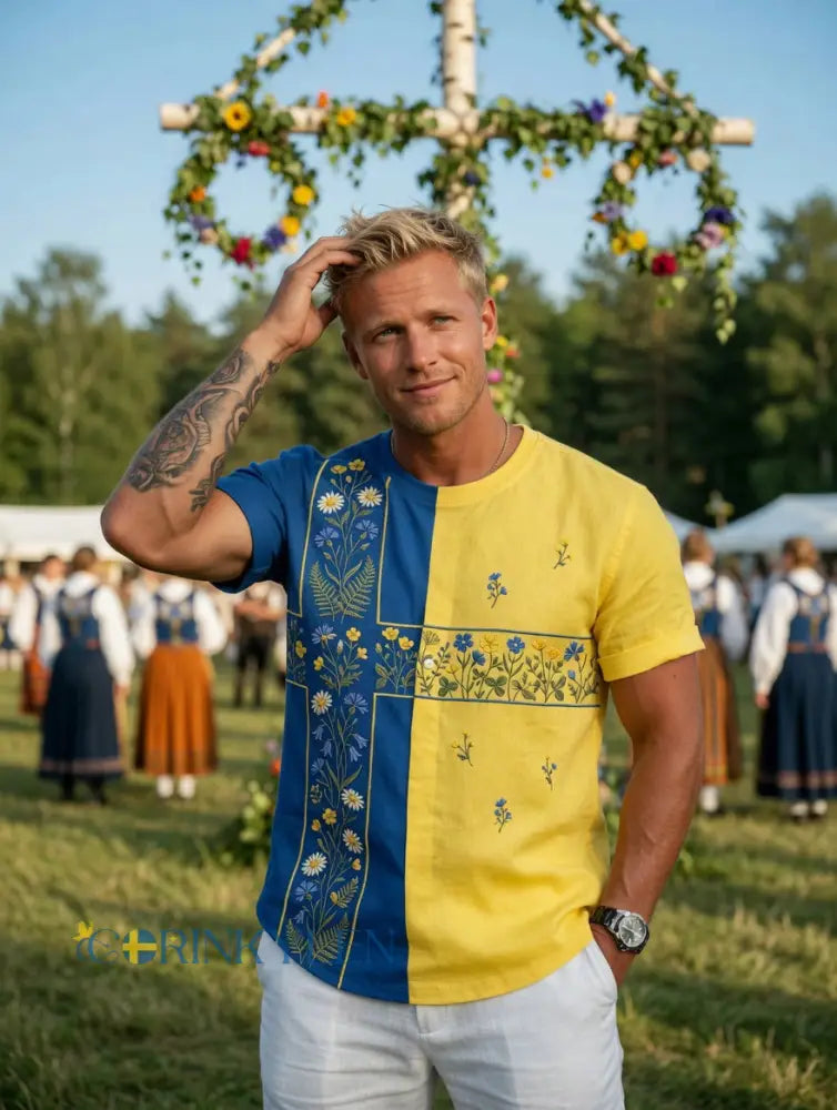 Herrretro svensk midsommarfolkal blommig kortärmad t-shirt
