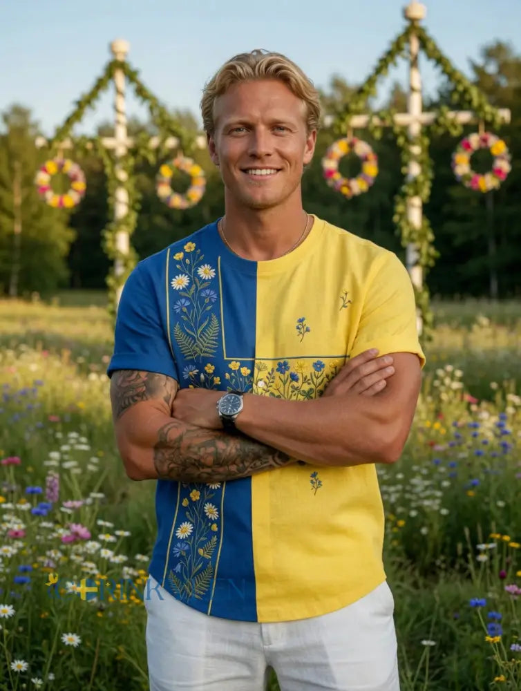 Herrretro svensk midsommarfolkal blommig kortärmad t-shirt
