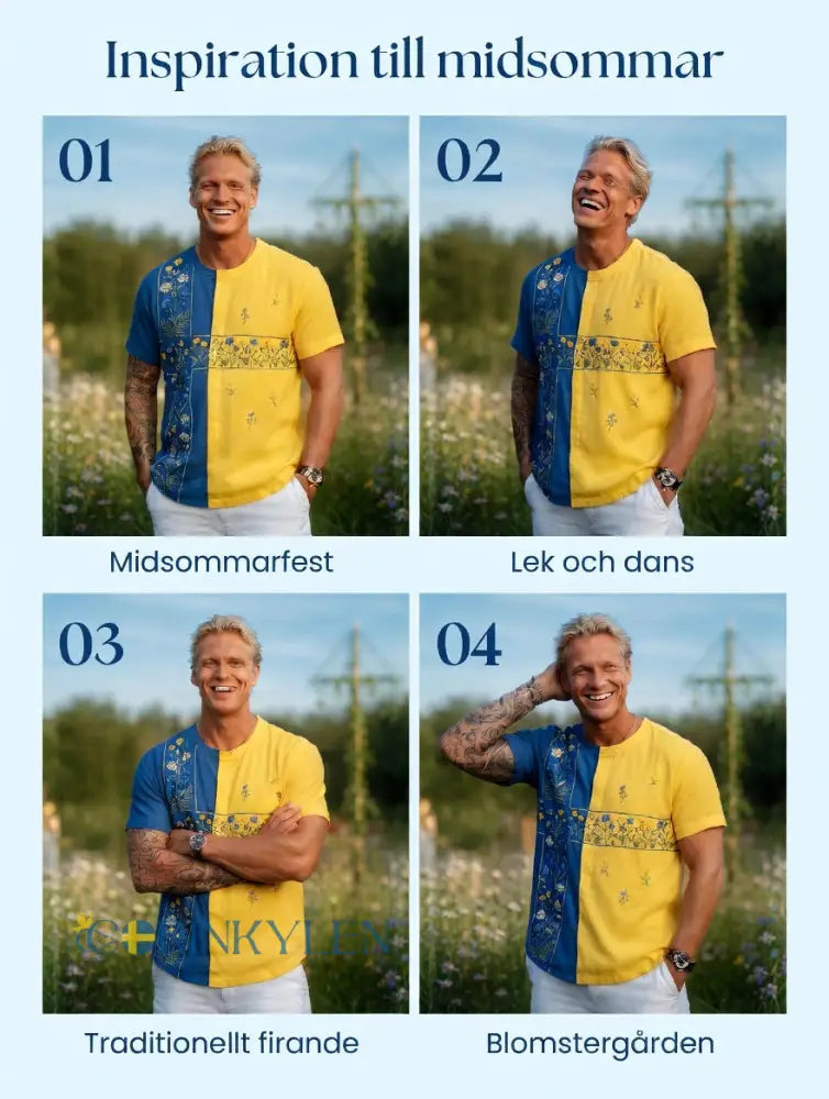 Herrretro svensk midsommarfolkal blommig kortärmad t-shirt