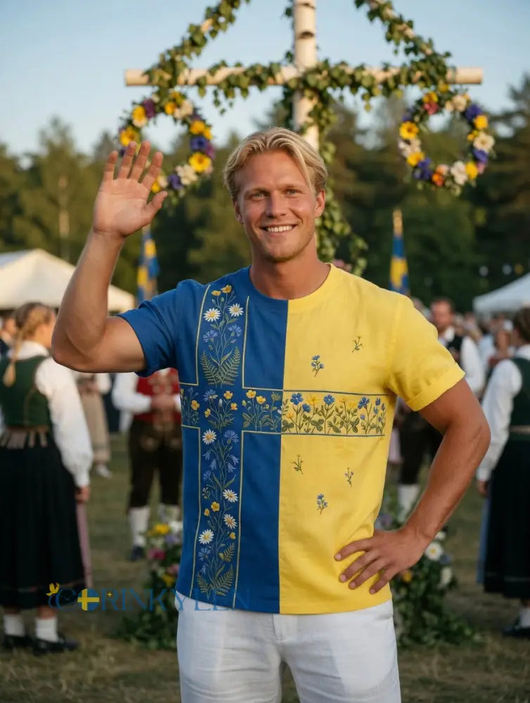 Herrretro svensk midsommarfolkal blommig kortärmad t-shirt