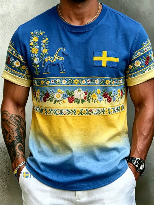 Herrretro svensk midsommarfolkal blommig kortärmad t-shirt - blå / S