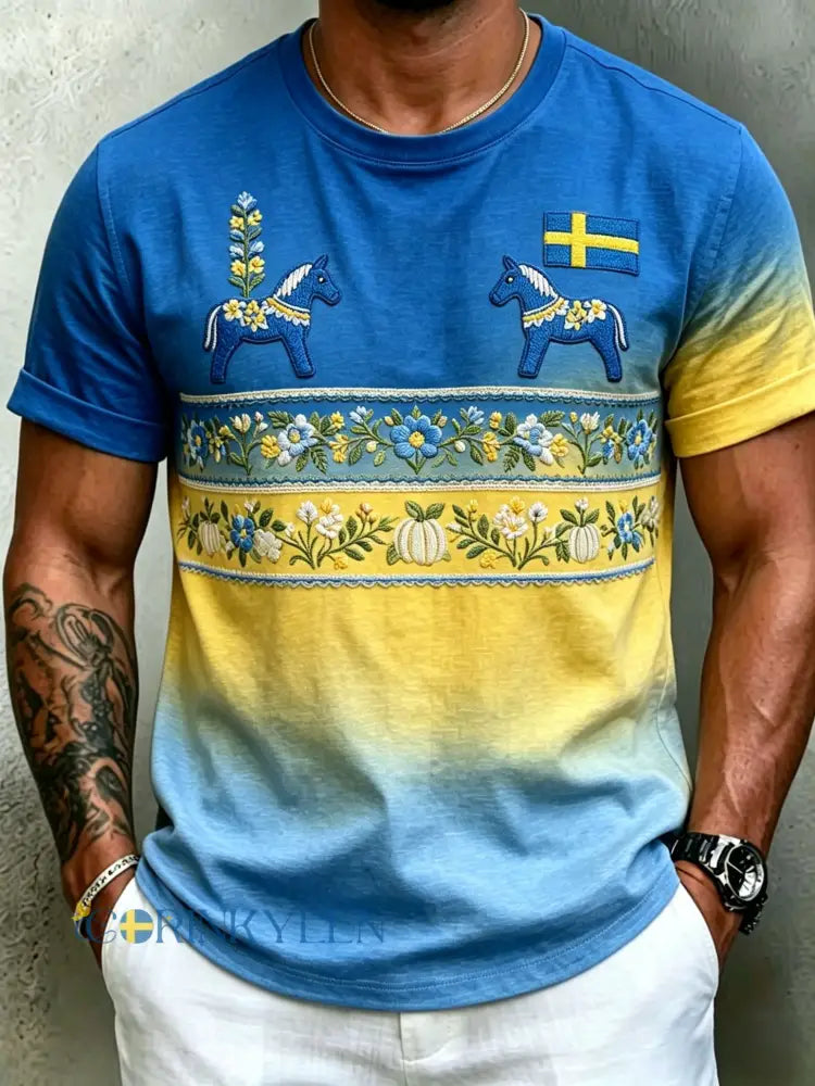 Herrretro svensk midsommarfolkal blommig kortärmad t-shirt - blå / S