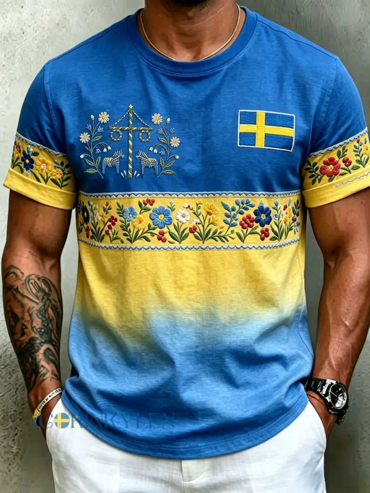 Herrretro svensk midsommarfolkal blommig kortärmad t-shirt - blå / S