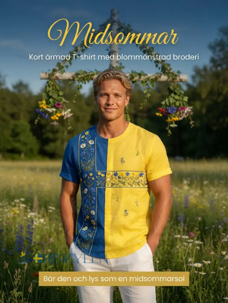 Herrretro svensk midsommarfolkal blommig kortärmad t-shirt - Blue / S