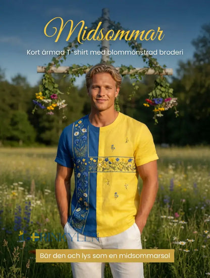 Herrretro svensk midsommarfolkal blommig kortärmad t-shirt - Blue / S