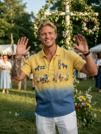 Herrretro svensk midsommarfolkaldrigblommig bomull-linne polotröja med korta ärmarna