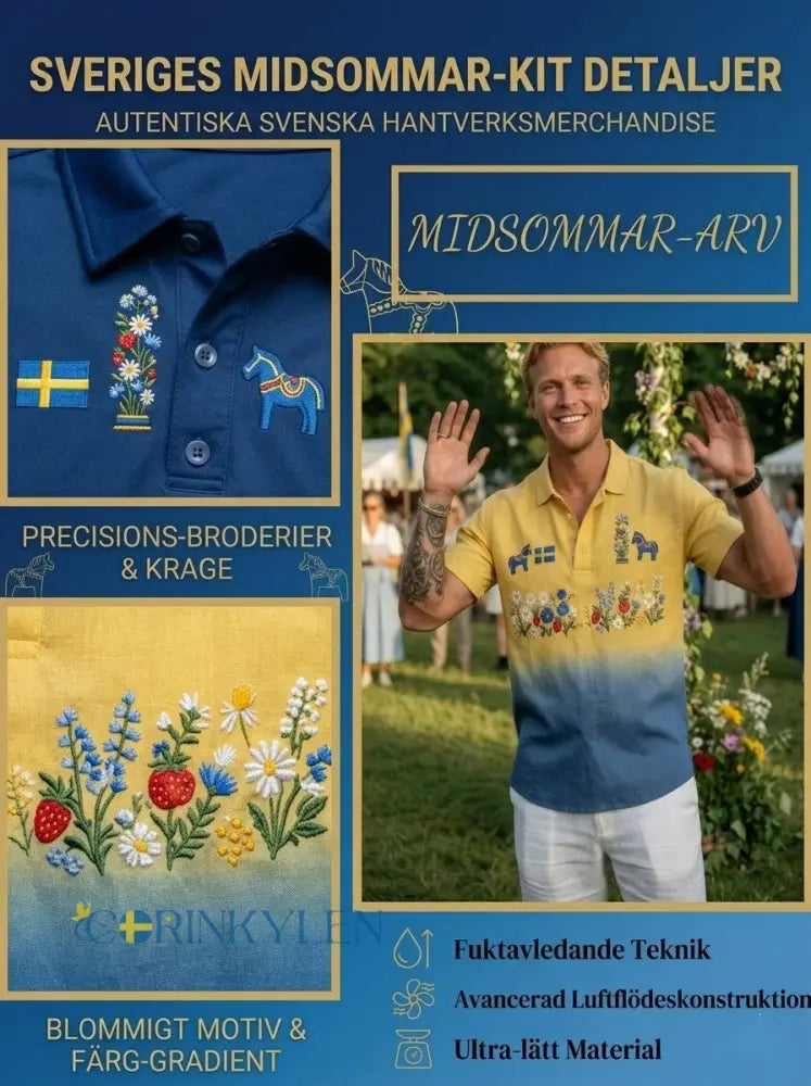 Herrretro svensk midsommarfolkaldrigblommig bomull-linne polotröja med korta ärmarna
