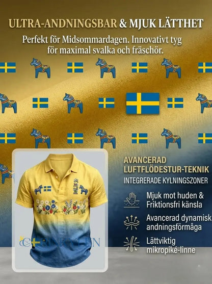 Herrretro svensk midsommarfolkaldrigblommig bomull-linne polotröja med korta ärmarna