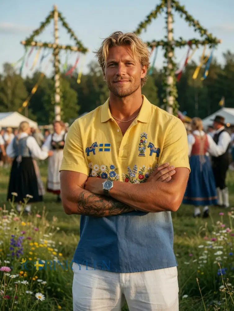 Herrretro svensk midsommarfolkaldrigblommig bomull-linne polotröja med korta ärmarna