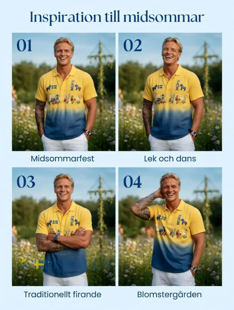 Herrretro svensk midsommarfolkaldrigblommig bomull-linne polotröja med korta ärmarna