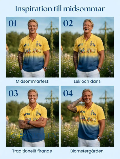 Herrretro svensk midsommarfolkaldrigblommig bomull-linne polotröja med korta ärmarna