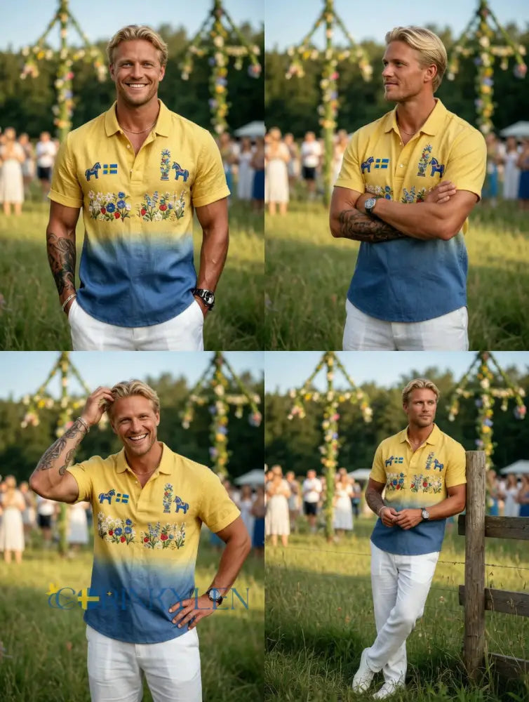 Herrretro svensk midsommarfolkaldrigblommig bomull-linne polotröja med korta ärmarna
