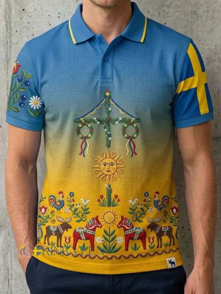 Herrretro svensk midsommarfolkaldrigblommig bomull-linne polotröja med korta ärmarna - blå / S
