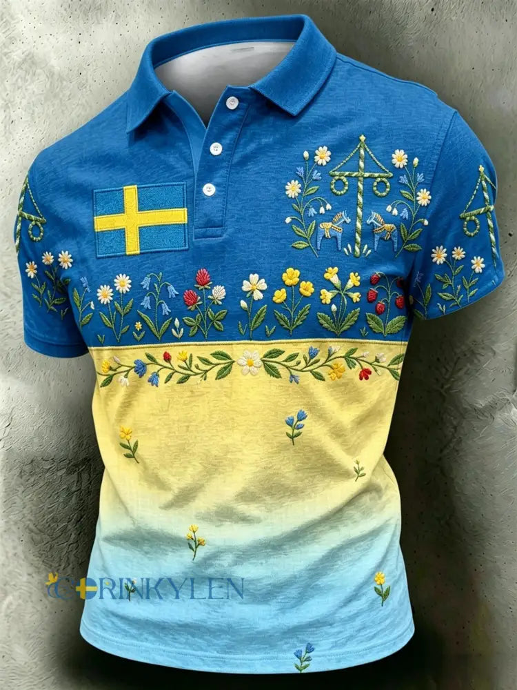 Herrretro svensk midsommarfolkaldrigblommig bomull-linne polotröja med korta ärmarna - blå / S