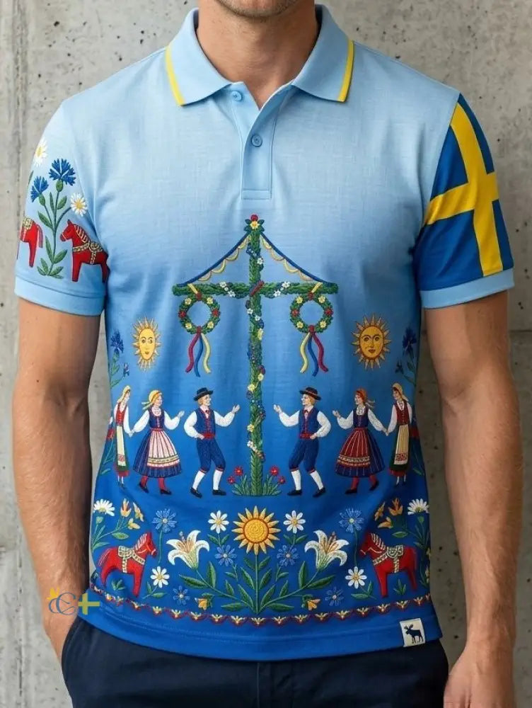 Herrretro svensk midsommarfolkaldrigblommig bomull-linne polotröja med korta ärmarna - blå / S