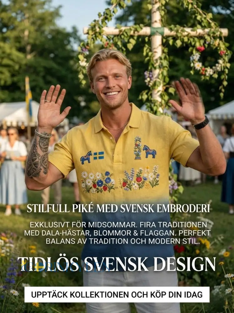 Herrretro svensk midsommarfolkaldrigblommig bomull-linne polotröja med korta ärmarna - Blue / S