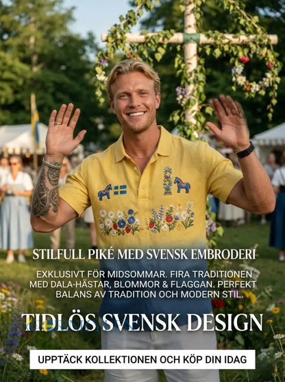 Herrretro svensk midsommarfolkaldrigblommig bomull-linne polotröja med korta ärmarna - Blue / S