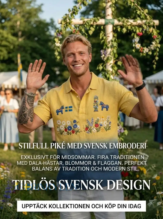 Herrretro svensk midsommarfolkaldrigblommig bomull-linne polotröja med korta ärmarna - Blue / S
