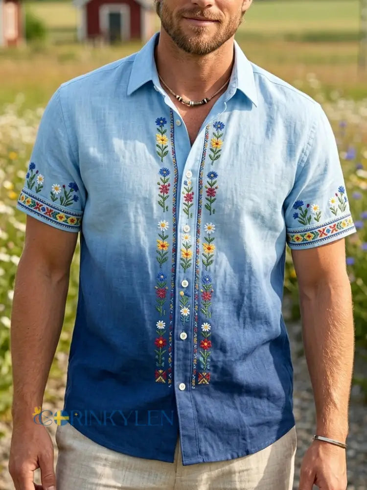 Herrretro svensk midsommarfolkaldrigblommig bomull-linne skjorta med korta ärmarna