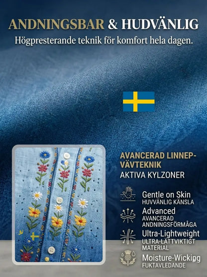 Herrretro svensk midsommarfolkaldrigblommig bomull-linne skjorta med korta ärmarna