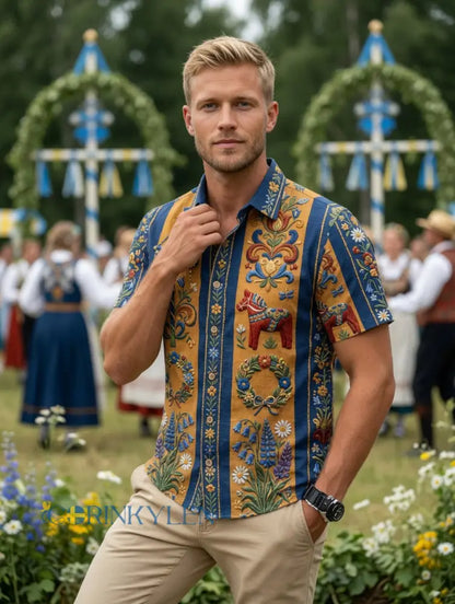 Herrretro svensk midsommarfolkaldrigblommig bomull-linne skjorta med korta ärmarna