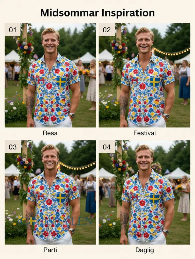 Herrretro svensk midsommarfolkaldrigblommig bomull-linne skjorta med korta ärmarna