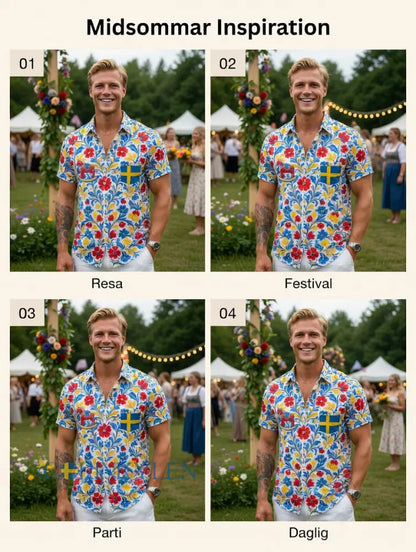 Herrretro svensk midsommarfolkaldrigblommig bomull-linne skjorta med korta ärmarna