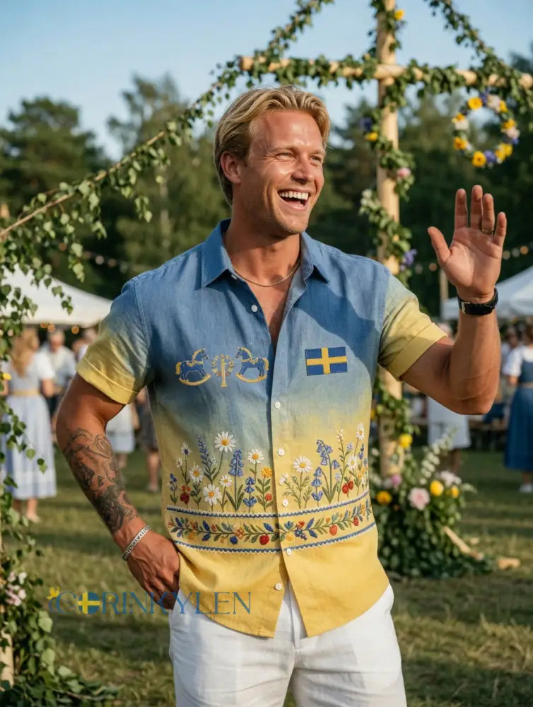 Herrretro svensk midsommarfolkaldrigblommig bomull-linne skjorta med korta ärmarna