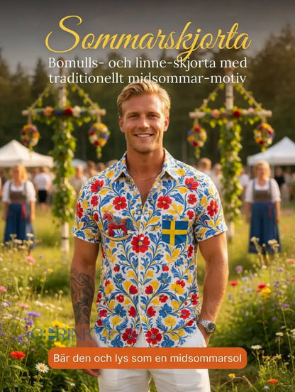 Herrretro svensk midsommarfolkaldrigblommig bomull-linne skjorta med korta ärmarna