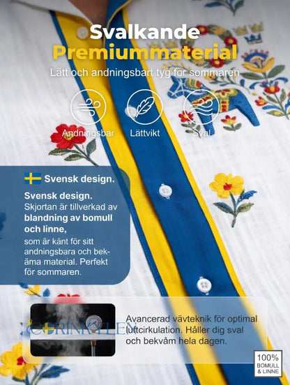 Herrretro svensk midsommarfolkaldrigblommig bomull-linne skjorta med korta ärmarna