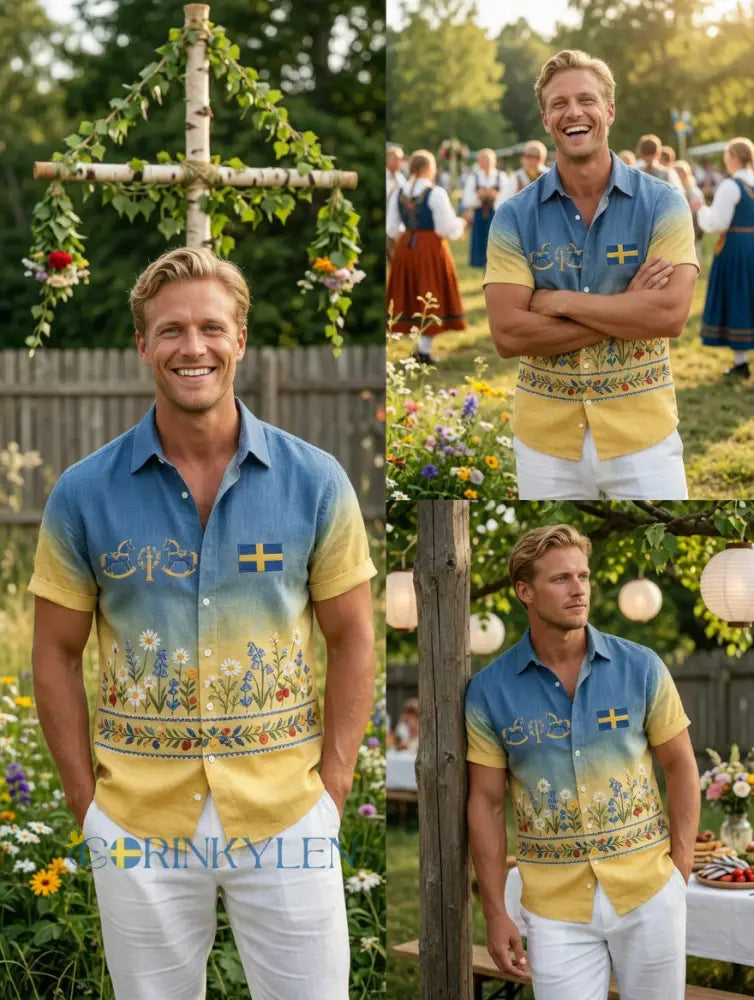 Herrretro svensk midsommarfolkaldrigblommig bomull-linne skjorta med korta ärmarna