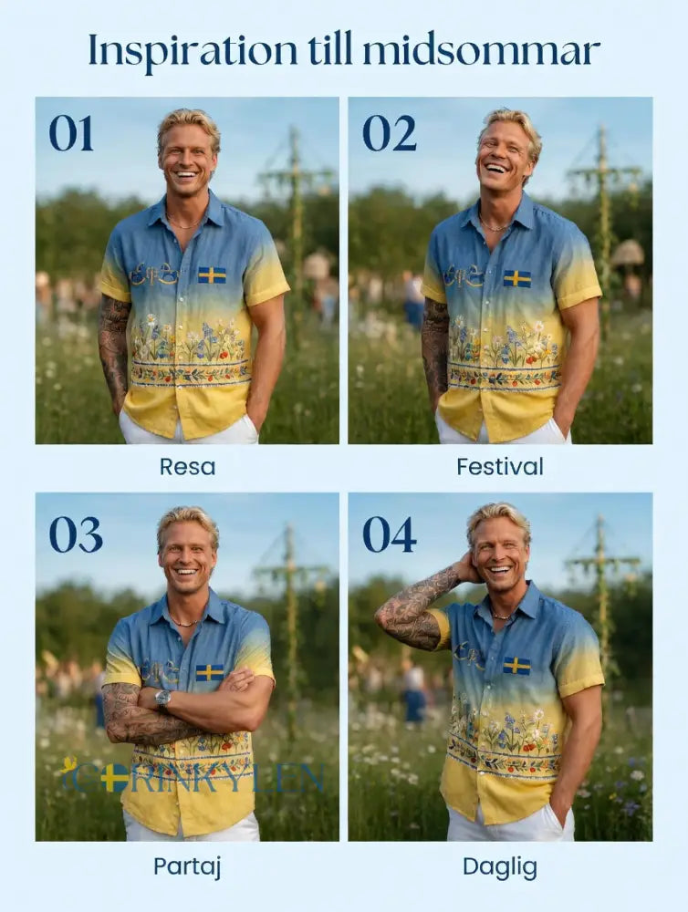 Herrretro svensk midsommarfolkaldrigblommig bomull-linne skjorta med korta ärmarna