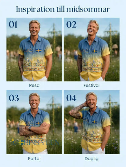 Herrretro svensk midsommarfolkaldrigblommig bomull-linne skjorta med korta ärmarna