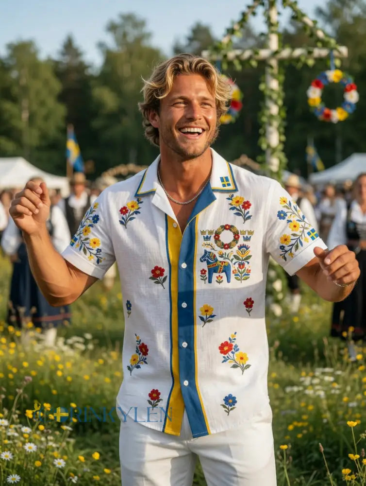 Herrretro svensk midsommarfolkaldrigblommig bomull-linne skjorta med korta ärmarna