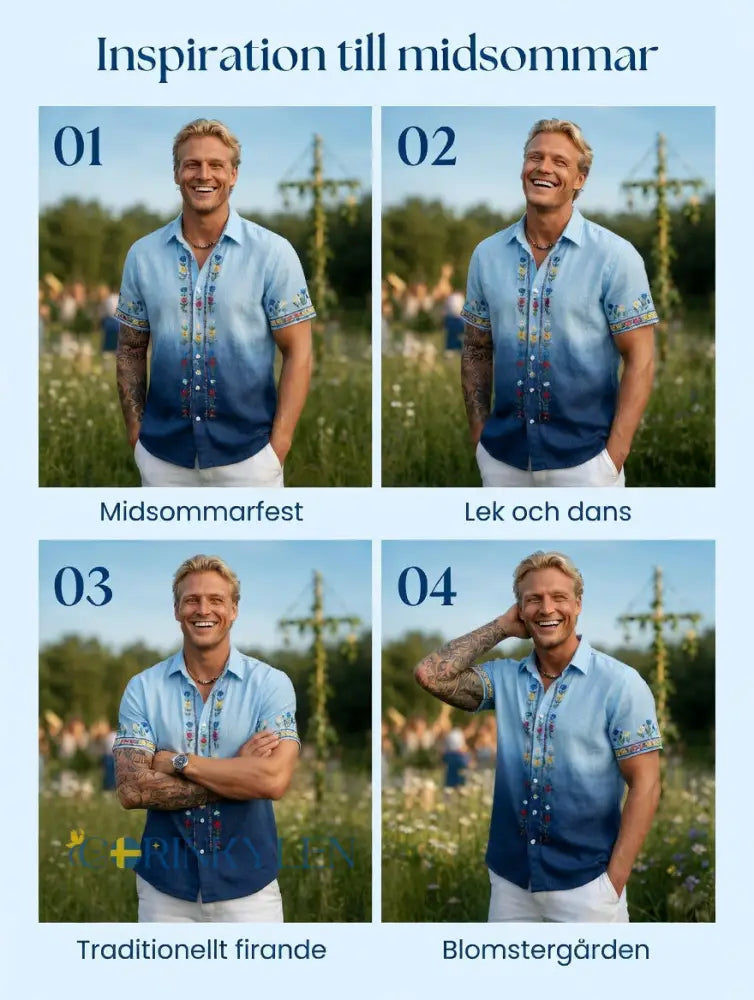 Herrretro svensk midsommarfolkaldrigblommig bomull-linne skjorta med korta ärmarna