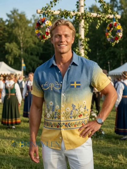 Herrretro svensk midsommarfolkaldrigblommig bomull-linne skjorta med korta ärmarna
