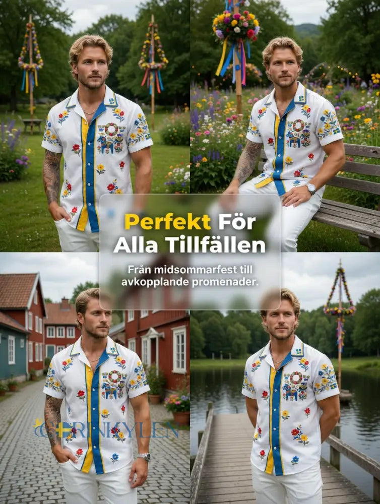 Herrretro svensk midsommarfolkaldrigblommig bomull-linne skjorta med korta ärmarna