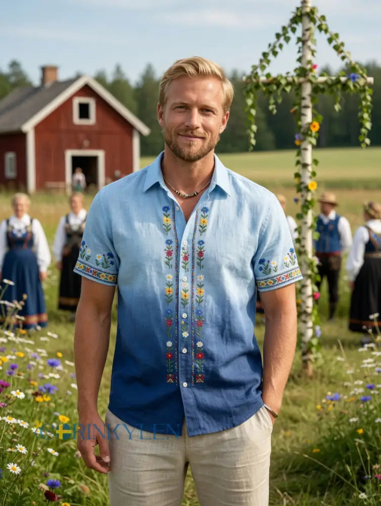 Herrretro svensk midsommarfolkaldrigblommig bomull-linne skjorta med korta ärmarna