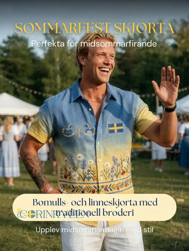 Herrretro svensk midsommarfolkaldrigblommig bomull-linne skjorta med korta ärmarna