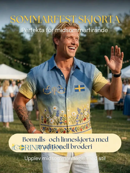 Herrretro svensk midsommarfolkaldrigblommig bomull-linne skjorta med korta ärmarna