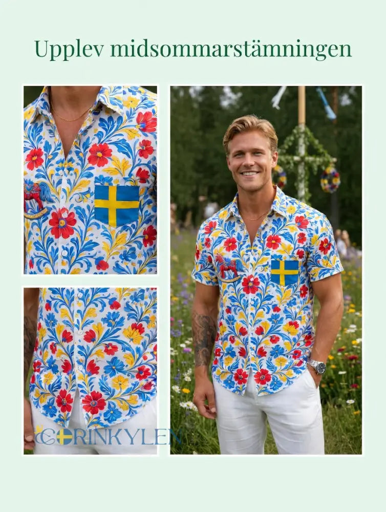 Herrretro svensk midsommarfolkaldrigblommig bomull-linne skjorta med korta ärmarna